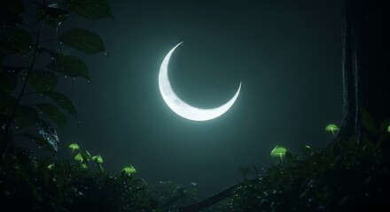 Crescent Moon in Night Sky with Trees.