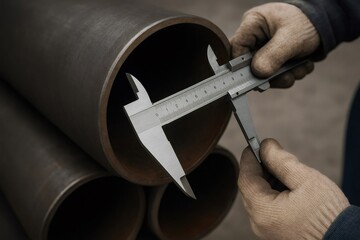 Worker in gloves measuring the inside diameter of a large metal pipe with a vernier caliper for quality control