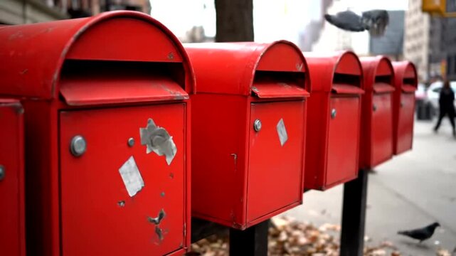 Row of bright red mailboxes on a city sidewalk with blurred background.