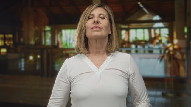 Middle age woman raising hand in hotel lobby building with palm forward and hand on chest; honor determination.