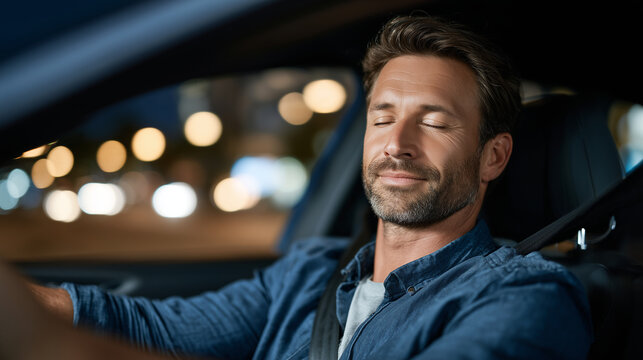 Calm driver practicing mindfulness breathing techniques inside parked car before long road trip, promoting mental clarity, focus, and emotional balance for safe and stress free dri