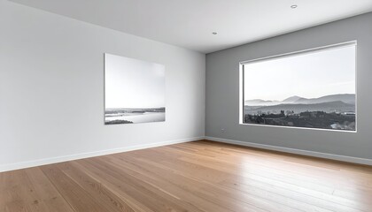 Minimalist interior featuring a large window with mountain views and simple decor