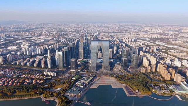 Aerial view of the skyline of the Gate to the East in Suzhou, Jiangsu Province, China.