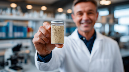 Scientist presenting alternative protein powder sample in laboratory workspace with analytic tools in the background, sustainable nutrition development, perfect for future food and