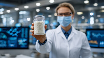 Scientist presenting alternative protein powder sample in laboratory workspace with analytic tools in the background, sustainable nutrition development, perfect for future food and