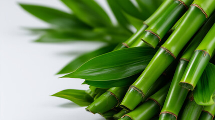 Obraz premium Minimalist close up of vibrant green bamboo stems on a clean off white background, ideal for spa branding, mindfulness concepts and modern natural lifestyle design, soft natural li