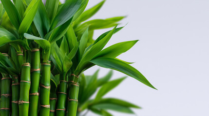 Obraz premium Minimalist close up of vibrant green bamboo stems on a clean off white background, ideal for spa branding, mindfulness concepts and modern natural lifestyle design, tightly cropped