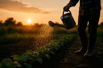 Person watering a row of green seedlings in a field, sunlit water droplets catching the golden light of sunset