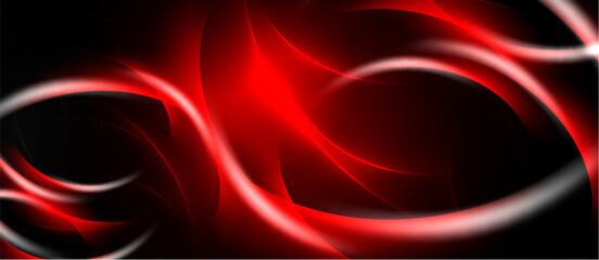 Abstract red swirls dominate central space. Black background creates dramatic contrast, highlighting flowing shapes. Dynamic energy radiates from design.