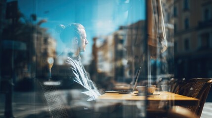 Person working on a laptop at an outdoor cafe with blurred cityscape background