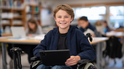 Smiling student using wheelchair while interacting with assistive tablet software technology in modern classroom environment for inclusive education campaigns and accessibility emp