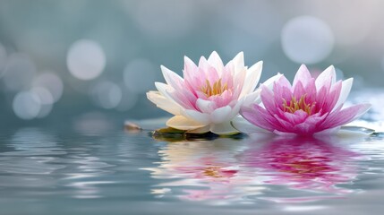 Pink and white lotus flowers floating on water with soft lighting and reflections