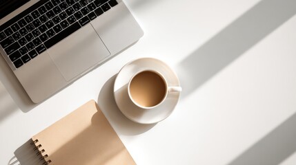 Overhead view of laptop coffee cup and notebook on white surface