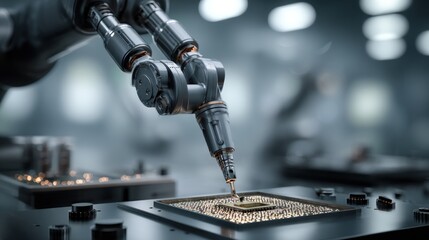 Robotic arm placing component on circuit board high tech manufacturing process