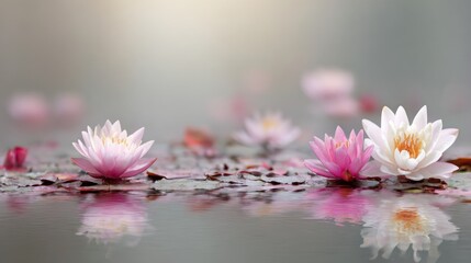 Pink and white lotus flowers floating on water reflecting soft light