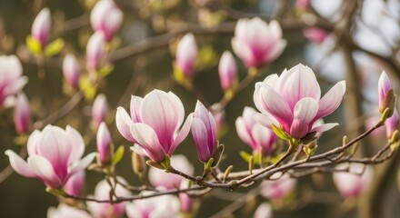 Obraz premium Pink Magnolia Flowers Blooming on Branch