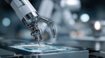 Robotic arm assembling a circuit board in manufacturing facility