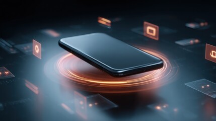Modern smartphone design with technology elements and glowing orange circles