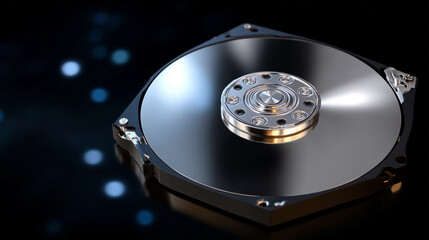 Hard disk drive internal storage device on dark background, used in computers and servers for secure data storage, backup, enterprise infrastructure and digital technology systems.
