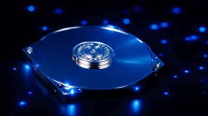 Hard disk drive internal storage device on dark background, used in computers and servers for secure data storage, backup, enterprise infrastructure and digital technology systems.