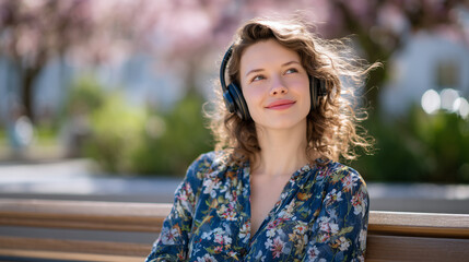 Naklejka premium Woman listening to music and relaxing outside in warm sunny spring day, lounging on a wooden park bench with headphones, gentle breeze moving her hair, sunlit background with bloom