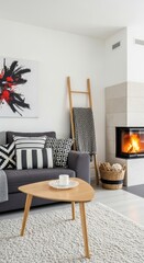 Naklejka premium Modern Living Room Fireplace Sofa Cozy Decor