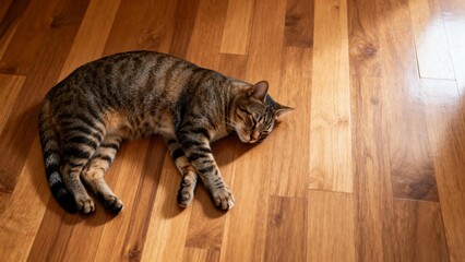 Cat Sleeping on Wooden Floor