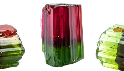 Close-up of three multicolored tourmaline crystals with distinct color zones