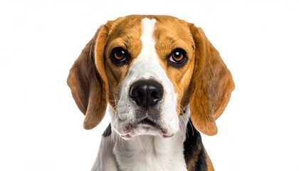 A close-up portrait of a beagle showcasing its expressive eyes and distinctive tan and white fur