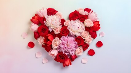 Fototapeta premium Heart Shape Made of Red and Pink Flowers for Valentine’s Day