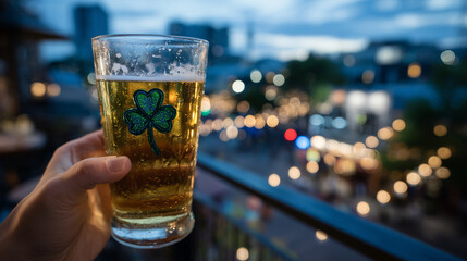 Hand holding pint of golden beer with shamrock logo in cozy Irish pub during rainy Saint Patrick Day celebration with blurred city lights outside, low-angle shot emphasizing rich g