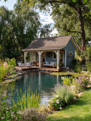 Fototapeta premium A cozy blue wooden cottage with a porch sits nestled in a lush green garden next to a calm pond with stone steps.