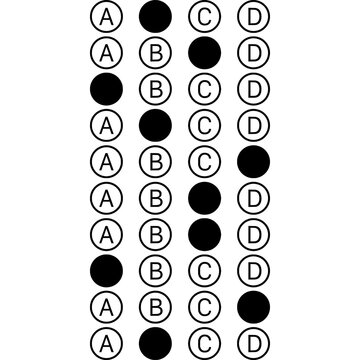 Filled Multiple Choice Answer Sheet, Bubble Test with Selected Answers, Multiple Choice Answer Sheet Filled Bubble Test Marked Answers