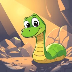 Fototapeta premium Friendly cartoon snake in rocky cave with warm sunlight