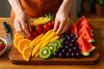 Person hands arranging a colorful platter with fresh watermelon, grapes, kiwi, mango, orange, strawberries, and pineapple. Healthy eating