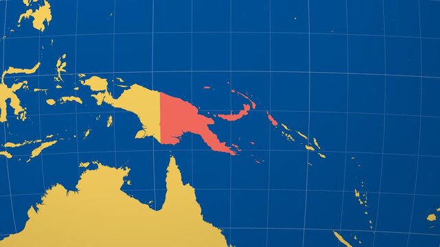 Papua New Guinea on Globe. Animated zoom into the country in Ocean Blue Golden Yellow color palette. Papua New Guinea logo animation. Map with meridians, parallels. Neat video.