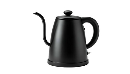 Sleek black gooseneck kettle, minimalist design, elegant shape against a dark background
