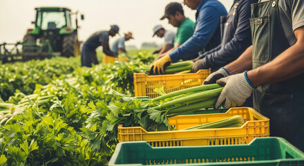Workers harvest celery in a field, placing stalks into crates.  Image depicts agricultural labor and food production