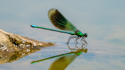Vibrant metallic green and blue damselfly resting peacefully on a rock by the water's edge, perfectly reflected in the calm, clear surface of a tranquil pond