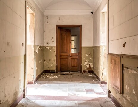 A narrow hallway in disrepair; an arched ceiling and weathered paint hint at abandonment. A door at the end offers a glimpse outside