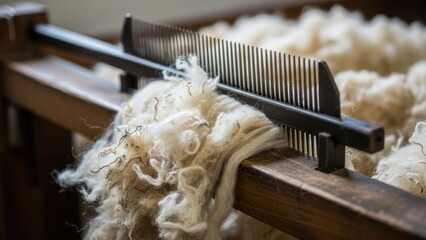 Close-up of wool and wooden comb, likely for processing, in a workshop
