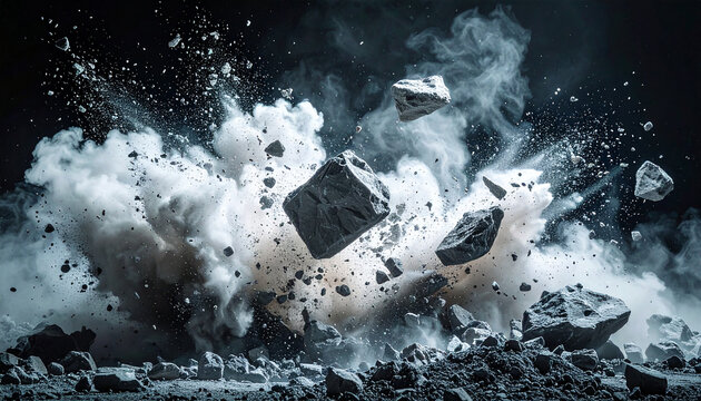 Dramatic gray rocks falling through the air, dust cloud explosion, industrial demolition scene