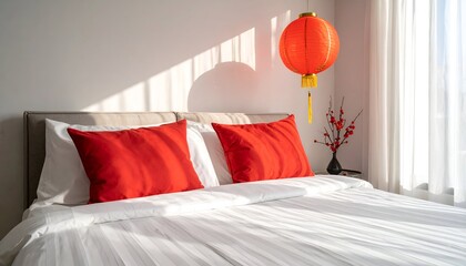 A modern bedroom with a bed adorned with red pillows, sunlight streaming through sheer curtains