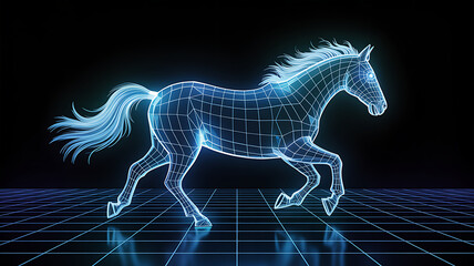 Dynamic blue neon wireframe horse galloping across a futuristic grid floor illuminated by glowing digital light representing speed power and technological advancement in a dark