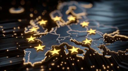 European Union map outlined on digital circuit board. Yellow stars of EU flag embedded, signifying unity and technological advancement. Global network security and data protection