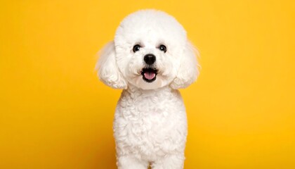 A fluffy white dog stands happily against a bright yellow background, exuding joy and charm