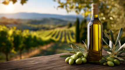 Obraz premium Golden olive oil bottle rests near fresh olives on wooden table. Tuscan vineyard rows stretch towards warm sunset. Olives and oil glow in soft light, diagonal composition with bott