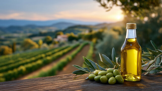 Golden olive oil bottle rests near fresh olives on wooden table. Tuscan vineyard rows stretch towards warm sunset. Olives and oil glow in soft light, rustic table with textured oli