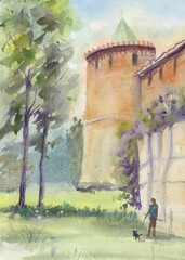 The wall of an ancient fortress with a tower