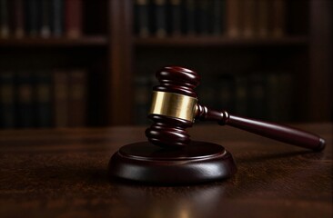 Gavel resting on wooden table representing justice